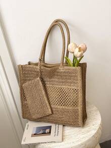 镂空编织草编手提包，配同款小钱包，大容量单肩包，法式度假风，适合通勤、海滩、日常休闲使用 - 卡其色 - 查看 9