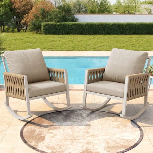 Outdoor Rocking Chair (1 Set) With Cross-Rope Weaving Technique, Weatherproof Metal Frame, Comfortable Cushions, Max. 120 Kg, For Garden & Patio - Krem - View 1