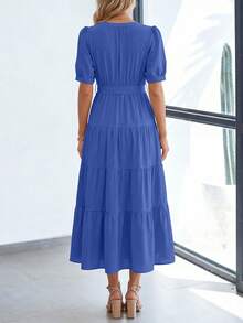 Women's Summer Dresses For Elegant Classy Short Sleeve V Neck Ruffle A Line Belted Long Flowy Beach Vacation Dress Easter Dresses For Women - 藍色 - 查看 3