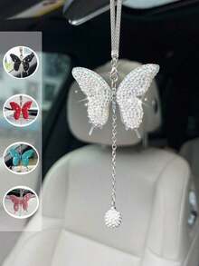 1pc Car Rearview Mirror Full Diamond Butterfly Pendant Car Pendant Interior Decoration Pendant - One-size - View 1