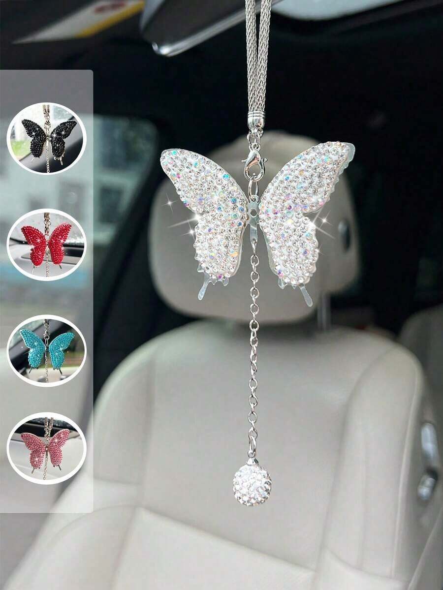 1pc Car Rearview Mirror Full Diamond Butterfly Pendant Car Pendant Interior Decoration Pendant - One-size - View 1