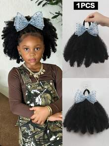 1pc Yarn Bow Clip And Go Afro Kinky Marley Ponytail With Elastic Band Girls Kids Ponytail - Black - View 2