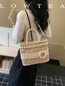 low tea 1 pièce Sac à main en tissu tressé blocs de couleurs basse théière, sac cabas seau de mode rétro pour femmes, design à double poignée supérieure, fermeture éclair, bandoulière réglable pour porter en travers, convient pour les voyages, les courses, les sorties, les cadeaux pour femmes, idéal pour les trajets, les activités extérieures, les voyages, la randonnée - Blanc - Voir 8