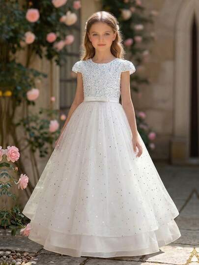 青少年女孩亮片蝴蝶结网眼连衣裙、青少年盖袖公主礼服、花童婚礼派对礼服