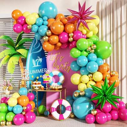 134pcs Hawaiian-Themed Balloon Arch Set, Includes Exploding Star Foil Balloons And Bright Pink, Yellow, Orange, Green, And Blue Latex Balloons. Perfect For Birthday Parties, Baby Showers, Outdoor Parties, Beach Parties, Pool Parties, And Tropical Hawaiian-Themed Party Decorations.