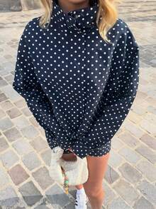 女士时尚波点抽绳宽松外套+休闲拉链短裤两件套春季套装 - 藏蓝色 - 查看 5