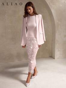 Chân váy xẻ tà đính sequin jacquard cao cấp Aliao Xuân/Hè, phong cách cổ điển thanh lịch, thích hợp cho đám cưới, ngày Valentine và mặc hàng ngày, màu hồng nhạt. - màu hồng nhạt - Xem 3