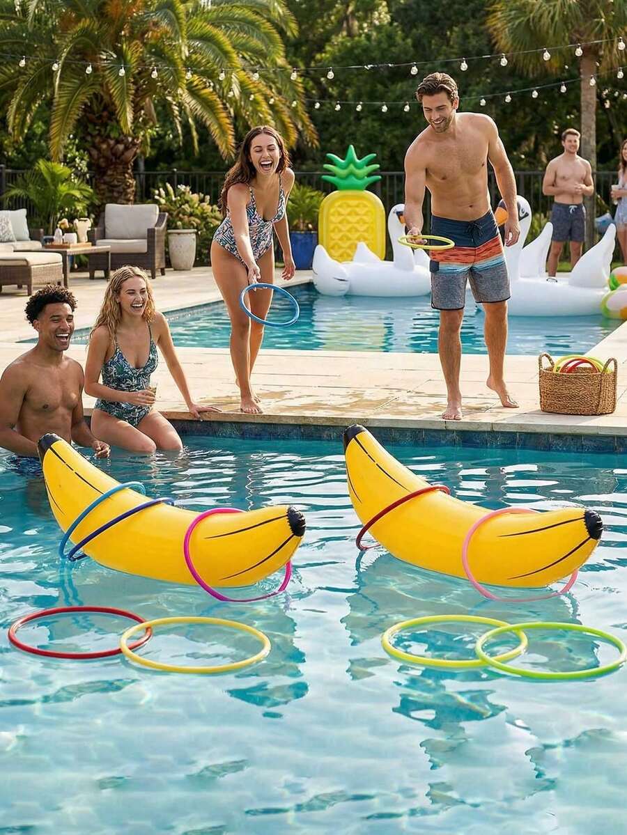 8pcs - Inflatable Banana Toss Game Set, Suitable For Swimming Pool, Bachelor Party, Bridal Shower, Engagement Party, Lingerie Party, Summer Pool Floats, Pool Party And Hawaiian Theme Party Decor (2pcs 26-Inch Bananas And 8pcs Toss Rings) - 香蕉 - 查看 1