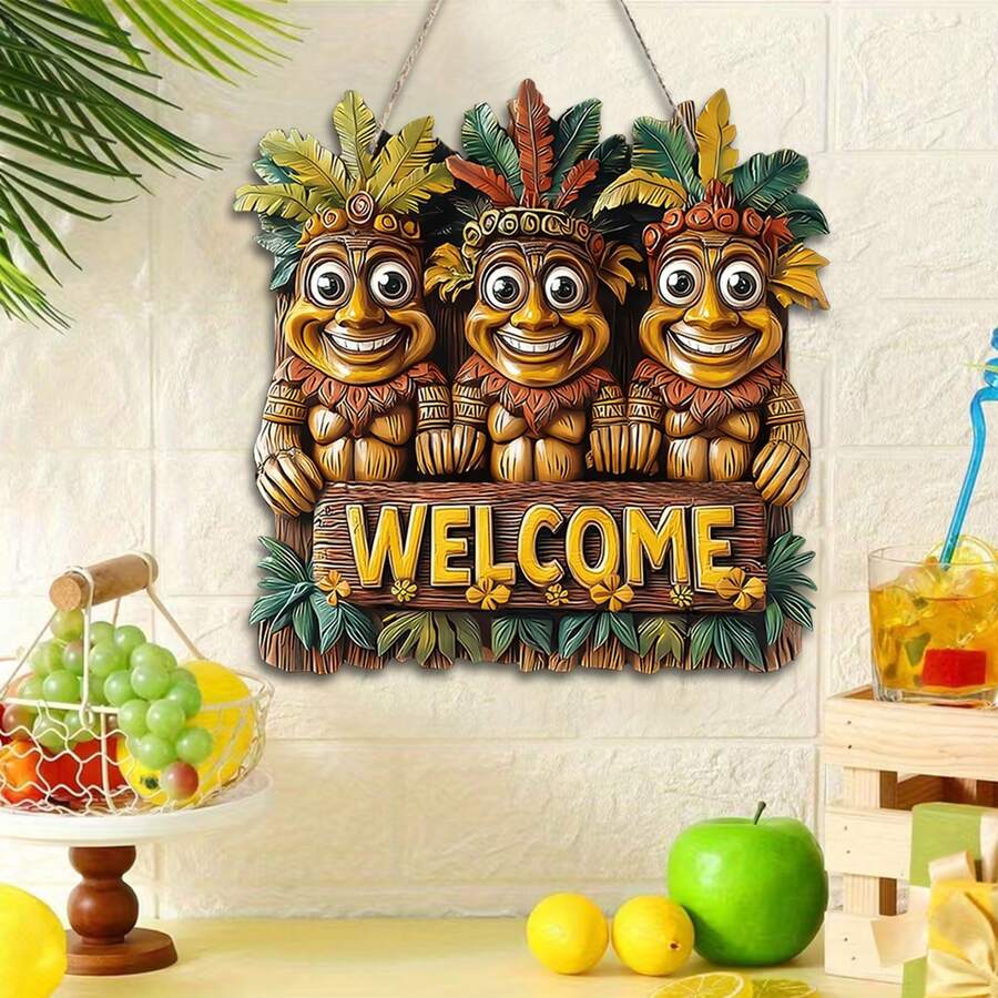 1pc Wooden Tiki Welcome Sign, Tiki Statue Hanging Wall Decor, Tropical Hawaiian Style Door Plaque, Summer Hawaii Party Decoration, Indoor Outdoor Home Garden Patio Tiki Bar Decor, Rustic Wood Hanging Ornament For Poolside, Luau Party, Backyard, Living Room, Entryway - Multicolor - View 1