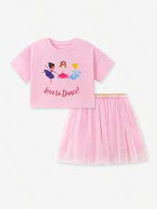 Bộ 2 món gồm váy ngắn tay cổ tròn bằng vải voan và áo thun dệt kim họa tiết ballet cho bé gái, thích hợp cho tiệc tùng và làm quà tặng. - Hồng - Xem 2