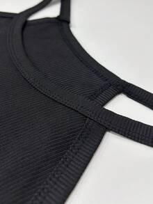 Top sin mangas de cuello halter acanalado negro para mujer - Tela suave y ajustada, uso casual versátil para primavera y verano - Negro - Ver 9