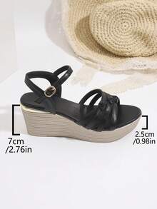 新款厚底单带高跟凉鞋，优雅坡跟，适合搭配连衣裙，露趾绑带凉鞋 - 黑色 - 查看 5