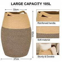 105L Extra Large Cotton Rope Laundry Hamper, Foldable Storage Basket For Laundry - Black Mix Jute - View 2