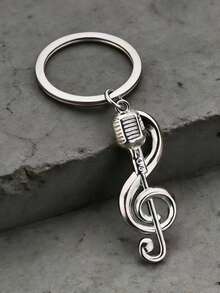 1pc Creative Microphone Shaped Keychain, Fashionable Music Note Pendant Metal Music Symbol Keyring, Interesting Gift For Friends - Silver - View 8