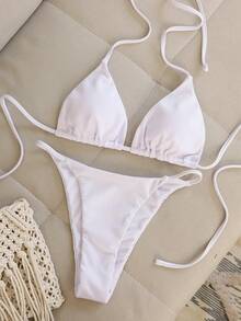 Bộ bikini nữ gợi cảm phong cách Bohemian màu trắng, áo hai dây kết hợp với quần bơi buộc dây điều chỉnh được, đồ bơi co giãn cao, thích hợp cho kỳ nghỉ ở bãi biển và hồ bơi. - trắng - Xem 2