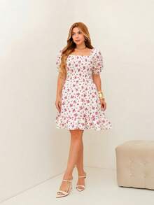 RAINBOW Women's Short Princess Floral Dress With Puff Sleeves And Elasticated Fabric - Elegant Fashion - One Size Fits 36-42 (Brazilian Sizes) - Crepe Fabric - 128-112 白色 - 查看 1