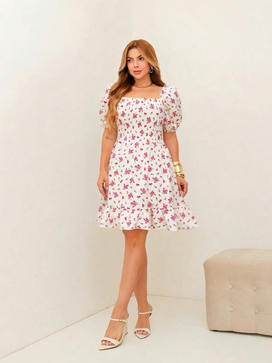 RAINBOW Women's Short Princess Floral Dress With Puff Sleeves And Elasticated Fabric - Elegant Fashion - One Size Fits 36-42 (Brazilian Sizes) - Crepe Fabric - 128-112 白色 - 查看 1