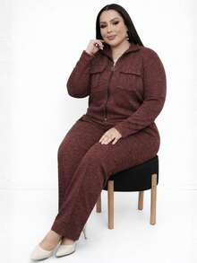 Women's Plus Size Ribbed Knit Set With Front Zipper And Pockets, Elastic Waist Pants, Casual Fashion - 鏽棕色 - 查看 4