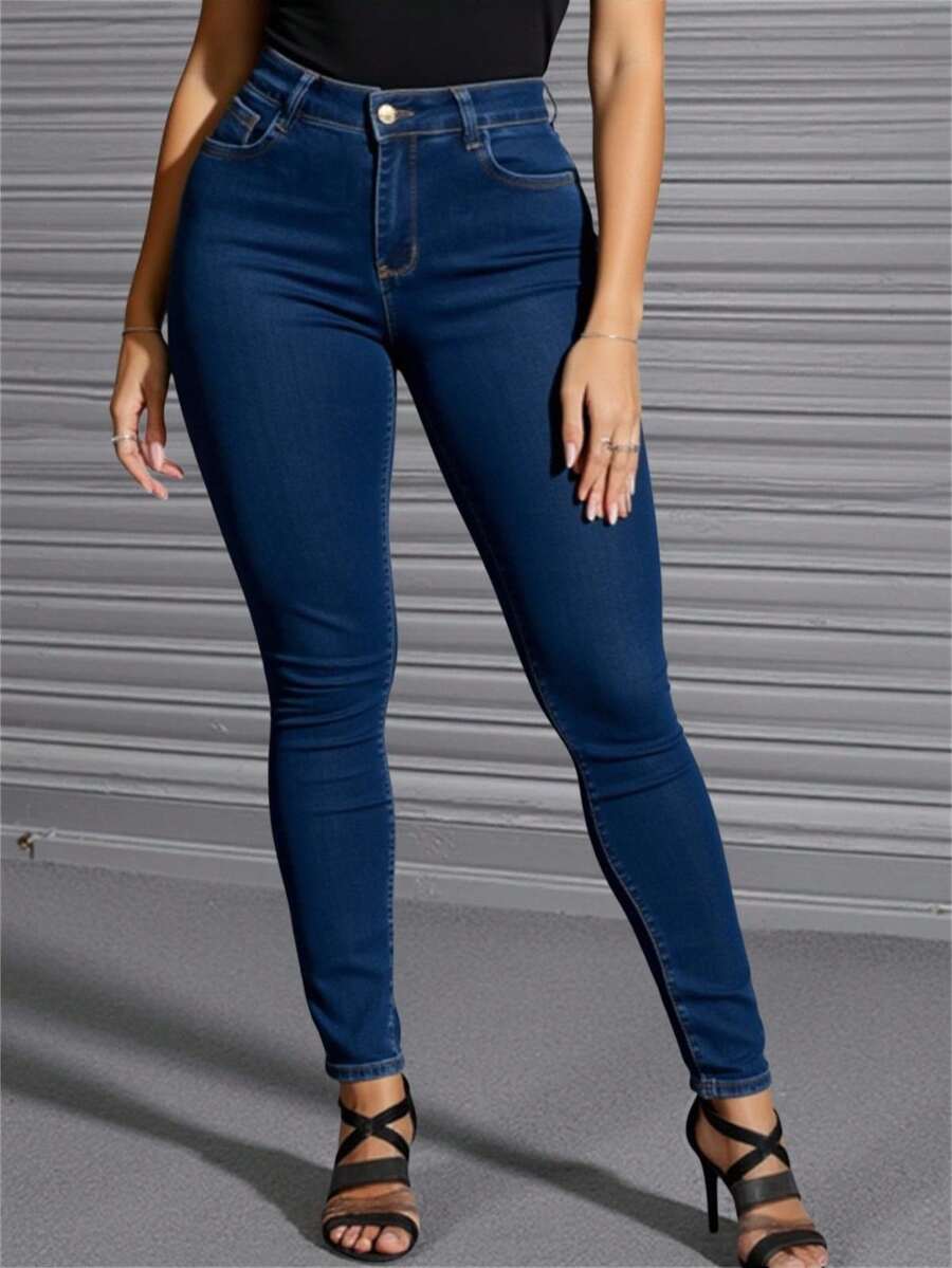 Jeans Vaqueros De Mezclilla Lisos Ajustados - Azul Marino - Ver 1
