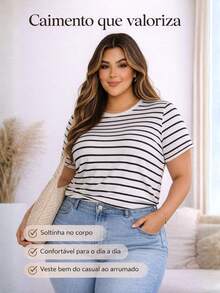 T-Shirt Blouse Plus Size Striped Black With White Casual Work Everyday Modern Contemporary - 白色 - 查看 10