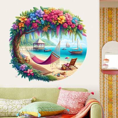 CHAILLY Hình dán tường phong cảnh bãi biển nhiệt đới, vòng hoa đầy màu sắc và cảnh võng trên bãi biển, decal dán tường dễ bóc dán cho trang trí phòng khách.