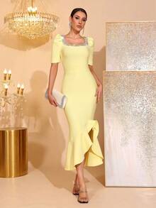 New Arrival Women's Black Sexy Handmade Pearl Ruffle Tie-Up Dress, Formal Gown For Wedding, Party, Banquet - Yellow - View 2