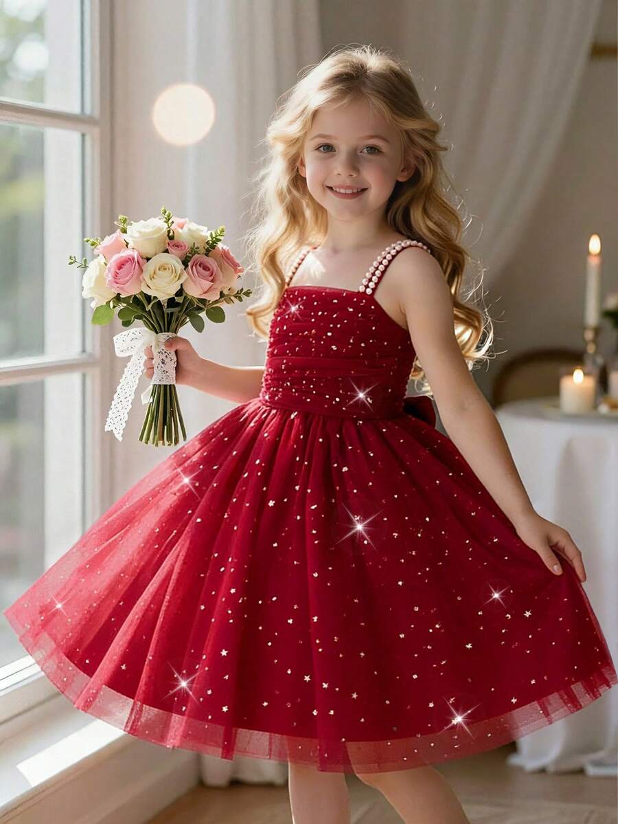 Young Girls Spaghetti Strap Faux Pearl Mesh Bow Elegant Dress Suitable For Birthday Party, Headband Not Included - Burgundy - View 1