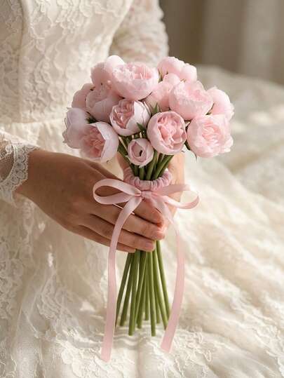 丝绸牡丹花束，粉色人造玫瑰，27 头人造牡丹花，适用于家居、婚礼派对、餐桌摆饰、新娘送礼会装饰、情人节、生日礼物、毕业典礼等。