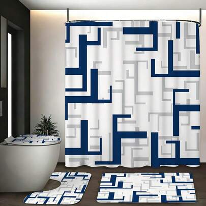 Bộ phụ kiện phòng tắm hiện đại tối giản họa tiết mê cung hình học màu xanh xám (1/3/4 món), tươi mát và thoải mái với không khí mùa hè, trang trí nhà cửa, rèm phòng tắm, bộ phụ kiện phòng tắm, bao gồm rèm tắm, bộ rèm phòng tắm. Rèm tắm nhiều kích cỡ và bộ phụ kiện đồng bộ, vải polyester chống nấm mốc, bộ trang trí phòng tắm bao gồm rèm tắm, thảm chữ U cho bồn cầu, thảm chống trượt, bọc bồn cầu và 12 móc treo rèm tắm, thích hợp làm quà tặng Ngày của Mẹ, quà tặng mùa tựu trường.