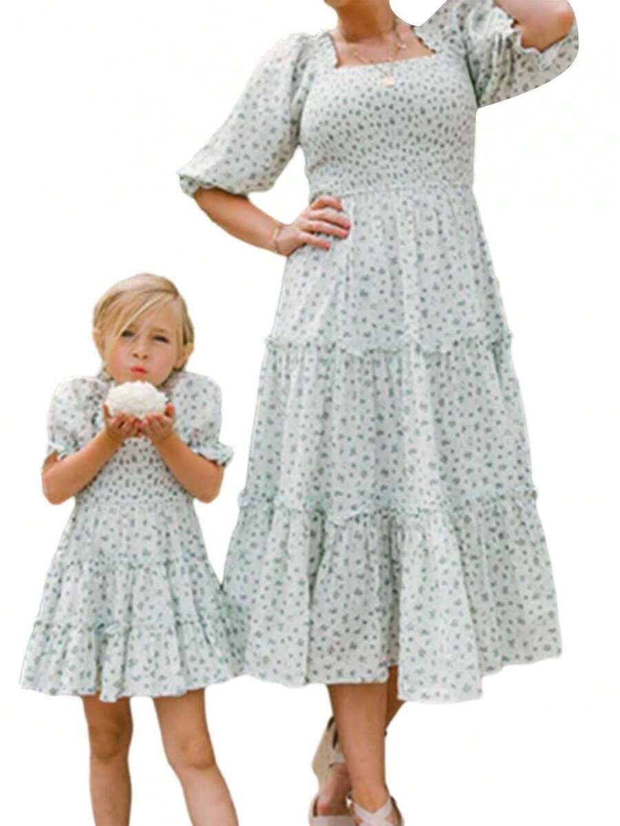 Mommy And Me Matching Dresses Short Sleeve Square Neck Print Dress Family Matching Sundress Outfits, Mother Daughter Matching Dresses, Family Matching Outfits - 媽媽白M - 查看 1
