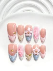 10pcs Elegant Handmade Nail Art Set, Including Gel Nail Kit, Rhinestone Cross, Carved Floral Edges, Small White Faux Pearls, Pink Flower Nail Decors, Pink Nail Polish, With Nail Tools (1 Jelly Sticker + 1 Nail File). Available In 3 Sizes: Square, Short Square, Almond. Suitable For Parties, Daily Wear, Photoshoots, Dates, Commuting In Spring/Summer Press On Nails - 彩色 - 查看 10