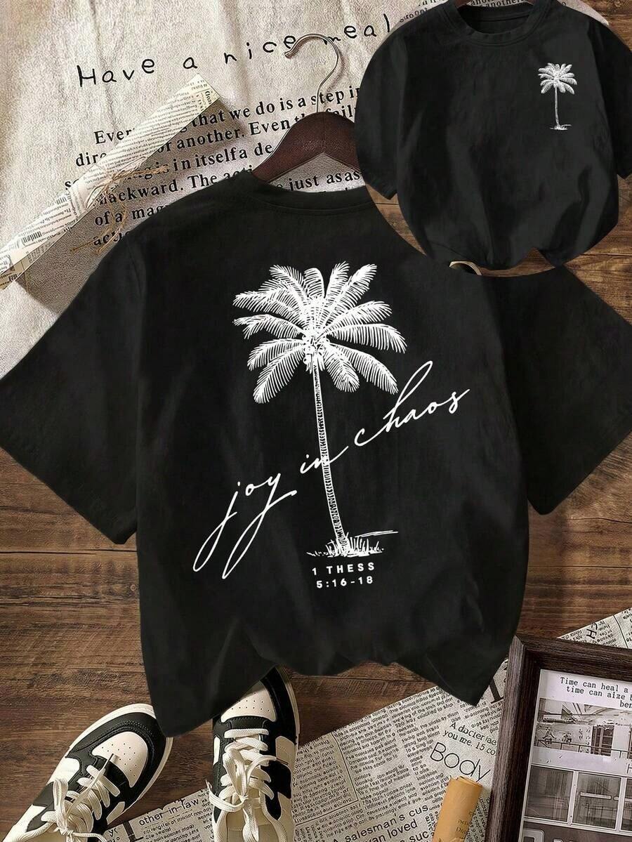 VintageWomen's Casual Palm Tree Pattern Round Neck Short Sleeve T-Shirt, Summer Beach Vacationsummer Tops - Black - View 1