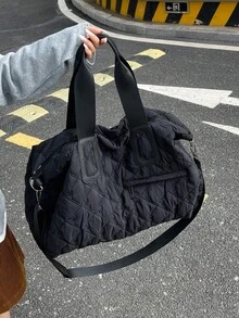 Dedoo 1pc Solid Color Polyester Canvas Tote Bag, Zipper Closure Large Capacity Travel Gym Bag, Fashion Minimalist Suitable For School, Travel, Gym, Camping, Essential Accessory - Black - View 6