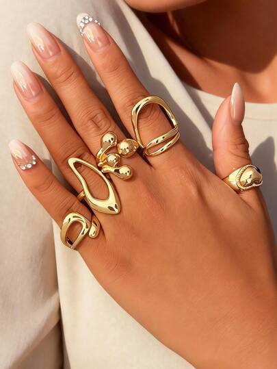 5pcs Asymmetrical Heart Shaped Open Rings For Women, Oversized Asymmetrical Rings Suitable For Layering, Party, Date, And Gathering