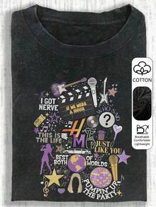 Áo thun nữ chất liệu cotton mài kiểu retro in hình nhạc và phim. - màu đen - Xem 1
