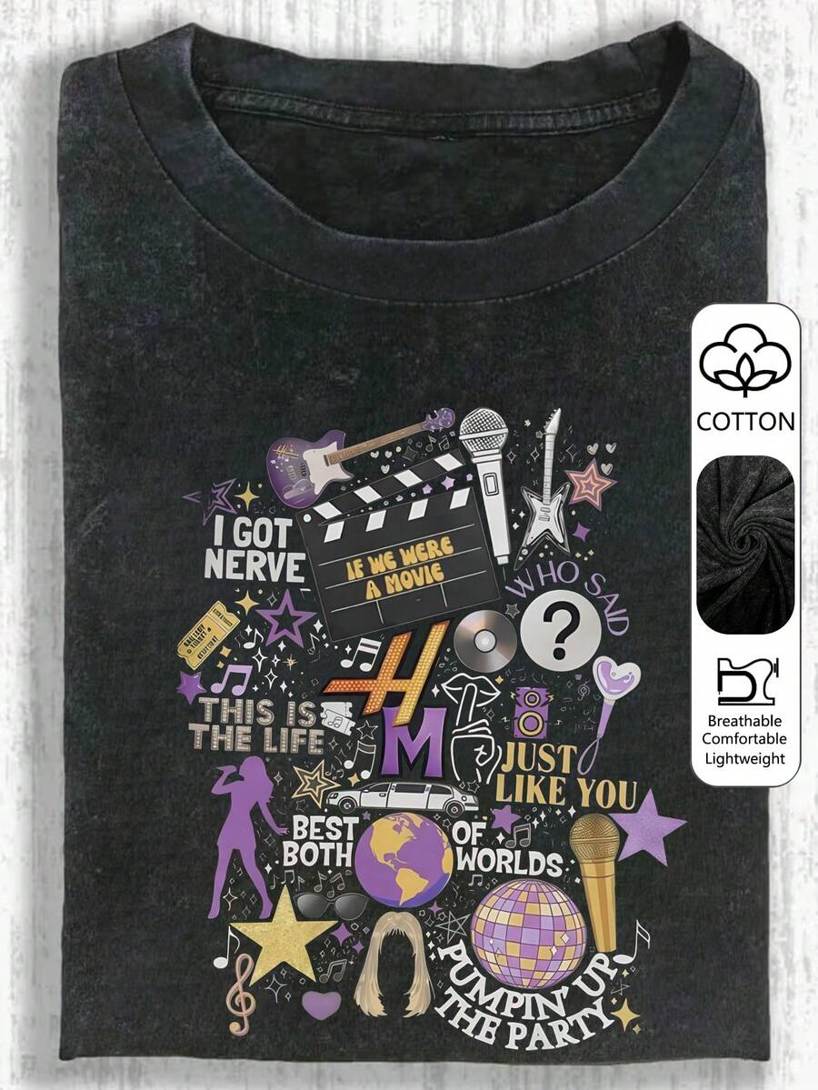 Áo thun nữ chất liệu cotton mài kiểu retro in hình nhạc và phim. - màu đen - Xem 1