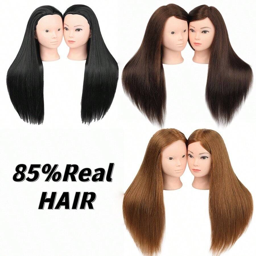 Đầu ma-nơ-canh nữ cao 26 inch, 85% tóc thật, 15% tóc tổng hợp, dùng để tập làm tóc giả, mẫu đầu để thực hành thiết kế tóc cho nhà tạo mẫu, kèm giá đỡ. - Xem 1