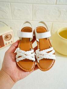 3-12 Years Old Girls' Adjustable Woven Criss-Cross Flat Sandals, White With Contrast Brown Woven Footbed, Handmade Style With Hook And Loop Closure - White - View 5