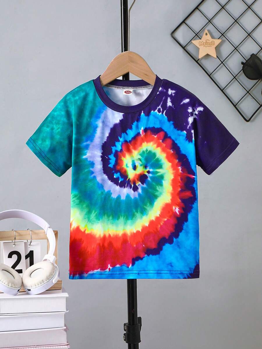 1 chiếc áo thun dệt kim ngắn tay mỏng nhẹ, kiểu dáng thường ngày, họa tiết nhuộm tie-dye, thích hợp cho bé trai mùa hè. - Nhiều màu - Xem 1