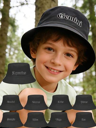 Mũ tai bèo đen cho trẻ em với họa tiết chòm sao! 1 chiếc, thêu 12 chòm sao, thoải mái, chống nắng, giúp bạn trở thành tâm điểm thời trang trong các chuyến đi chơi.