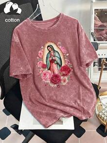 女士休闲瓜达卢佩女士印花粉色玫瑰和酒红色玫瑰装饰圆领短袖T恤，春夏秋季款 - 玫紅色 - 查看 5