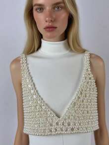 DEKUNER Bohemian Style Pearl Decor Sleeveless V-Neck Cropped Top, Perfect For Festivals, Summer And Beach Outfits - V-neck - View 9