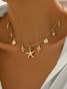 1pc Women's Fashion Pendant Necklace, Vintage Bohemian Beach Style With Sea,, & Multi-Pendant Design, Layered Clavicle Chain, Party/Holiday, Versatile Accessory - GOLDEN - View 7