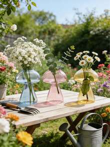 1个透明彩色蘑菇形玻璃花瓶，波西米亚风格花卉装饰，美观的桌面家居摆件，创意植物展示，现代室内装饰，适用于客厅、卧室、餐桌、茶几、书架、窗台，营造自然宁静的氛围，摄影道具，日常家居美学装饰 - 款式3 - 查看 2