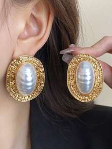 1 Pair Metal Asymmetrical Ruched Striped Ellipse Pearl Earrings, Vintage Chic High-End Retro Personalized Exaggerated Medieval Style Big Earrings, Gift For Women, Girls, Wedding, Party, Anniversary - 銀色 - 查看 2