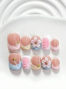 10pcs Elegant Handmade Nail Art Set, Including Gel Nail Kit, Rhinestone Cross, Carved Floral Edges, Small White Faux Pearls, Pink Flower Nail Decors, Pink Nail Polish, With Nail Tools (1 Jelly Sticker + 1 Nail File). Available In 3 Sizes: Square, Short Square, Almond. Suitable For Parties, Daily Wear, Photoshoots, Dates, Commuting In Spring/Summer Press On Nails - 彩色 - 查看 11