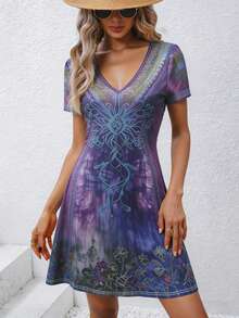 夏季女士优雅中长连衣裙，波西米亚风V领短袖中长连衣裙，A字针织连衣裙，女士休闲度假连衣裙 - 紫色 - 查看 2