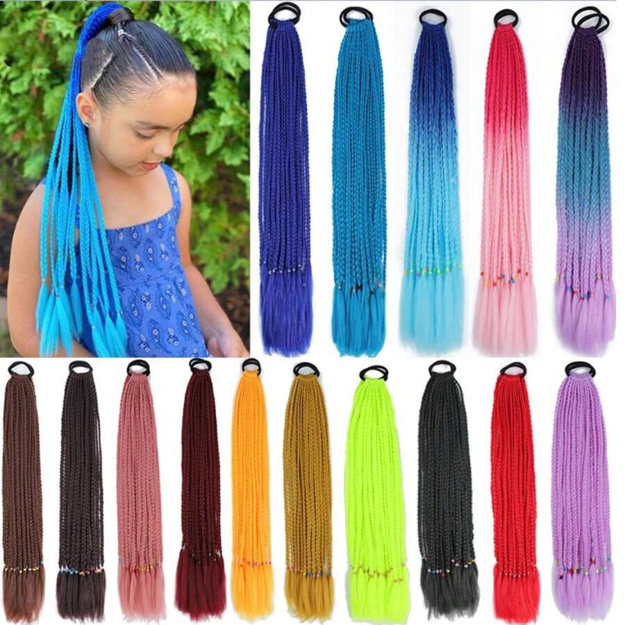 Tóc giả bện kiểu hộp dài 24 inch, nhiều màu sắc, kèm dây chun, kiểu tóc đuôi ngựa xoắn cầu vồng điểm xuyết highlight dành cho bé gái.