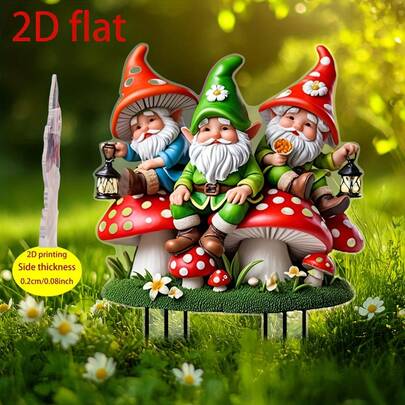 2D Flat Printing Acrylic Garden Decor Ground Stake, 3 Gnome Lanterns, Boho Style, Sun Catcher, Spring/Summer Gardening Gift Idea, Suitable For Lawn, Planter, Patio, Garden, Backyard, Outdoor Decoration, 2D Flat