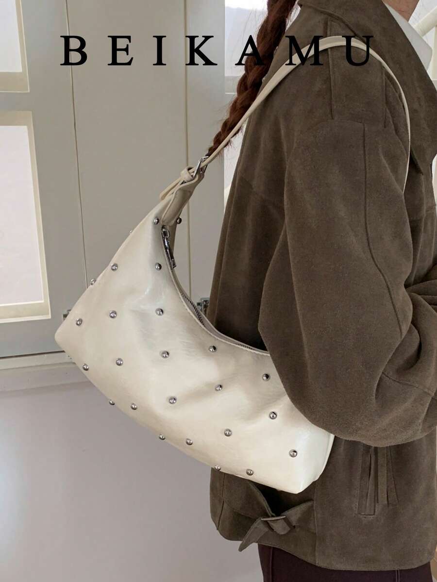 BEIKAMU Fashion Rivet Decor PU Crossbody Bag, Adjustable Shoulder Strap Zipper Closure Versatile Shoulder Bag Satchel, Suitable For University, Commuting, Shopping, Strolling, Daily Use - Beige - View 1